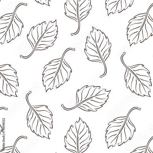 Birch leaf seamless pattern in line, outline art style. Abstract print with leaves for fabric, wrapping and textile. Vector illustration on a white background.