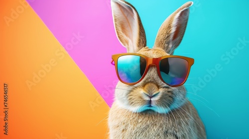 Generative AI image of Funny bunny head in sunglasses on colorful background