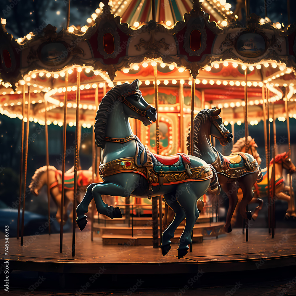 Vintage carousel with colorful lights and horses. 