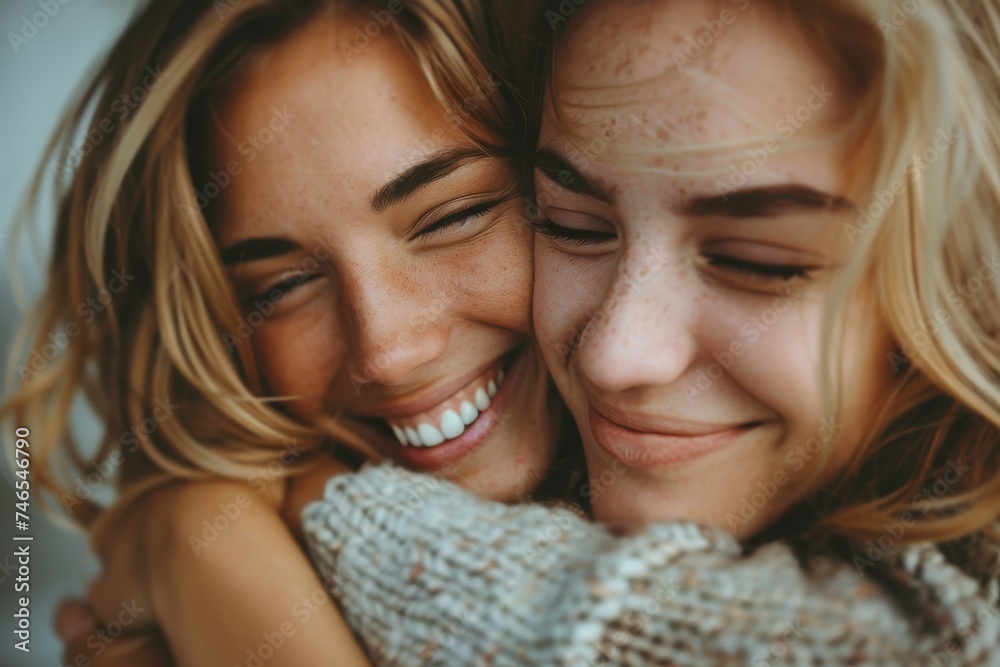 A tender and emotive close-up of two friends hugging each other with genuine smiles and closed eyes A tender and emotive close-up of two friends hugging each other with genuine smiles and closed eyes