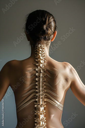 Female Model Posing With Skeletal Spine on Her Back