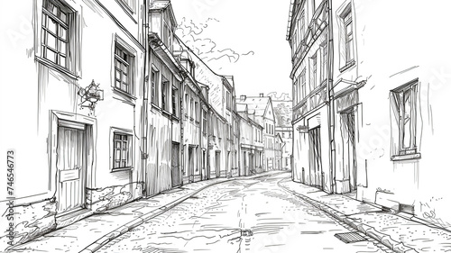 Old city. A sketch of a quaint  narrow street lined with traditional buildings  creating an old-world charm. narrow street