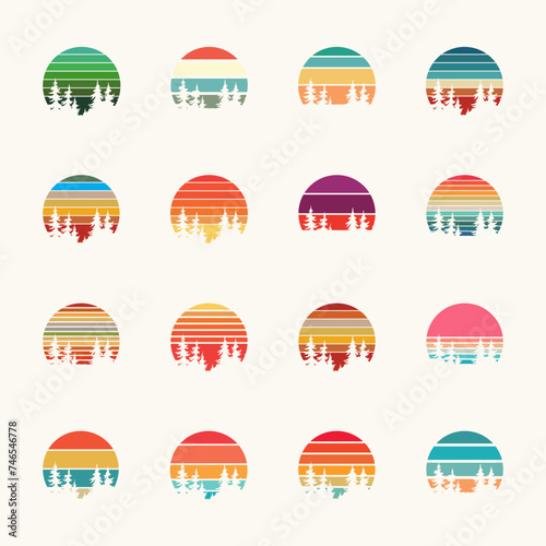 Evergreen trees silhouette with sunset sky, striped gradient. Round ombre sunrise, vintage colors. Background, circle vector illustration. Woods, forest landscape. Morning, evening scene, horizon