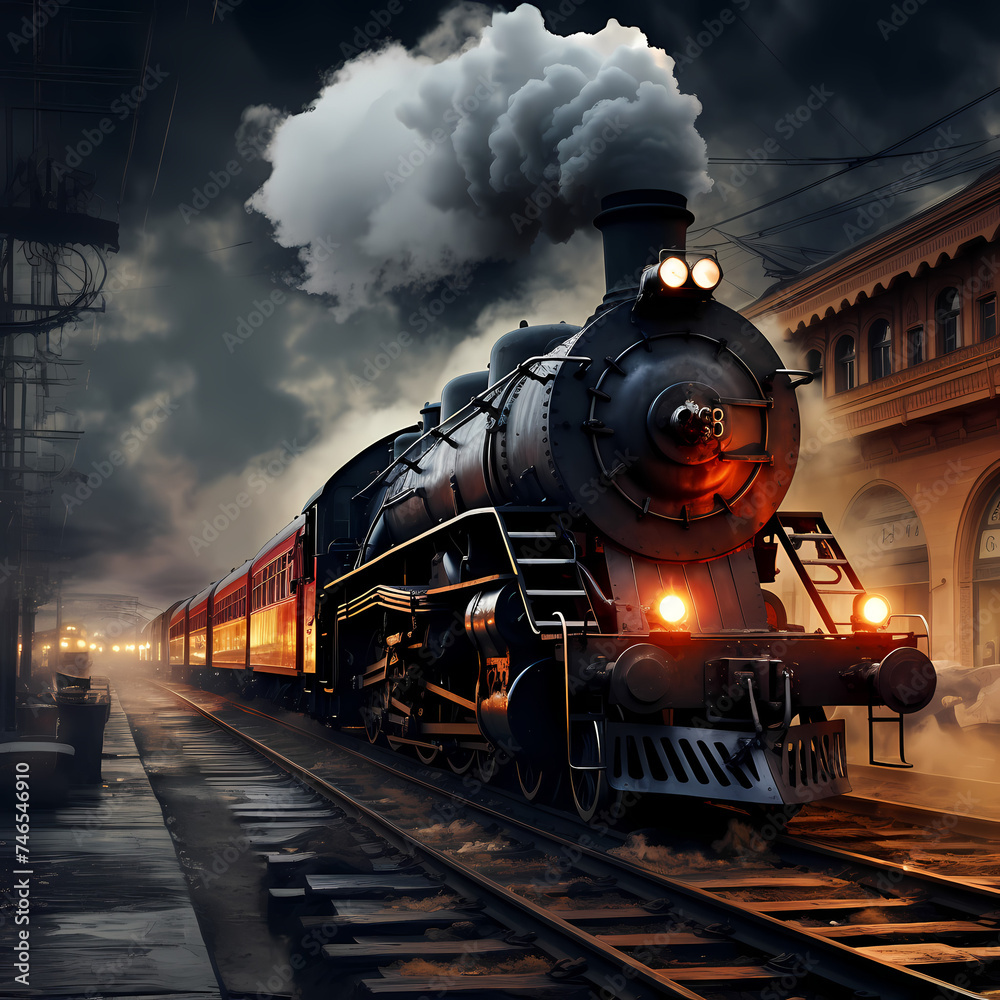 Vintage train station with steam billowing from a locomotive.
