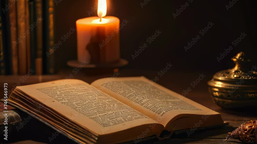 World poetry day Video animation of scholarly atmosphere, featuring an open book illuminated by the soft glow of a candle. A decorative golden inkwell adds an antique touch to the scene