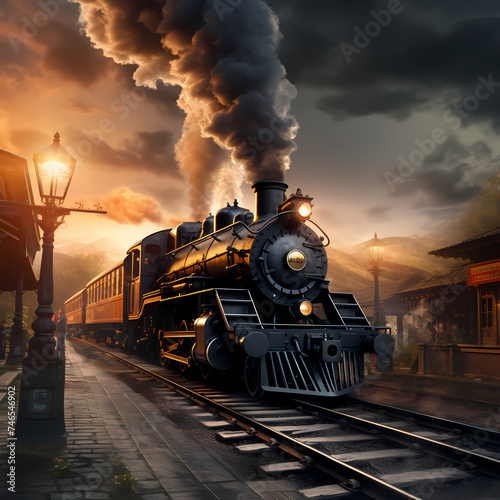 Vintage train station with steam billowing from a locomotive.