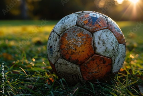 An old and worn soccer ball lies forgotten on the grass, telling a story of enduring love for the game