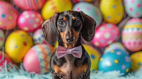 Easter Dachshund: Pup with Bow Tie Posing Against Easter Backdrop  © hisilly