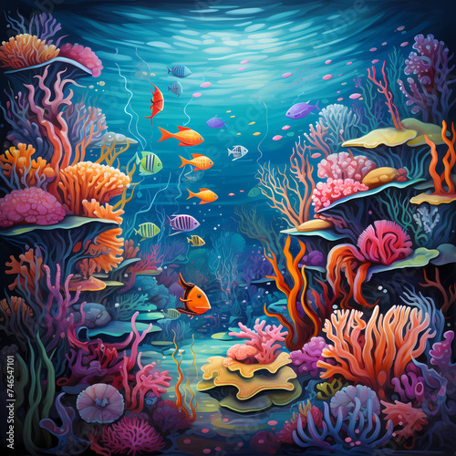 Whimsical underwater creatures in a vibrant coral 