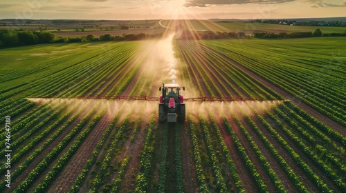 A tractor spraying pesticide fertilizer on a beautiful soybean farm in the spring sunset. Agriculture concept suitable for industry and production photo