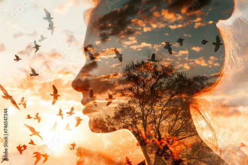 Dreamy Double Exposure Portrait of Girl with Flock of Birds at Sunset.