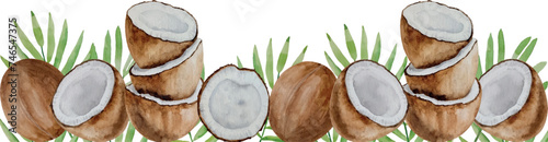 Vector watercolor banner of coconuts. Coconut halves and parts, palm leaves, hand painted on paper, white background, for design, frame, recipes, cosmetics, postcard, invitation, backgrounds