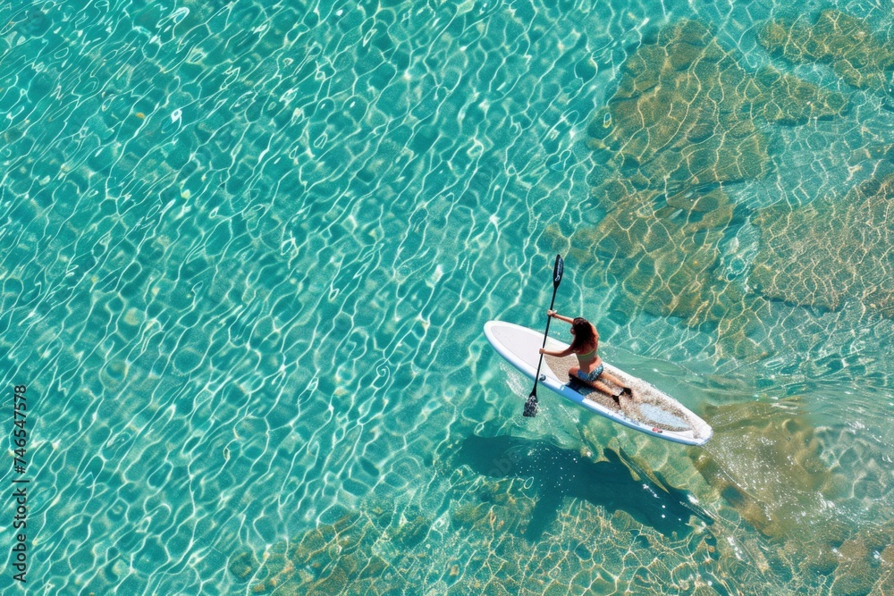Bird's Eye View of Paddleboarder on a Shimmering Sea.