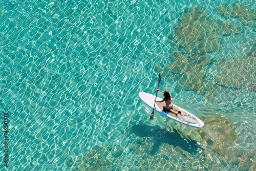 Bird's Eye View of Paddleboarder on a Shimmering Sea. © NS