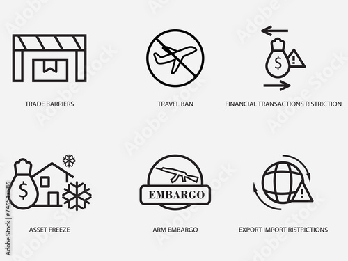 economic sanctions outline icon set isolated with white background.trade war symbol photo