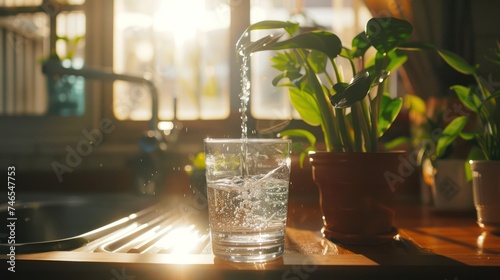 Water flows into glass from kitchen tap, sunlit, with blurred kitchen and green plant in background.