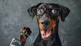 With a surprised gaze, a Doberman dog in glasses counts taxes.