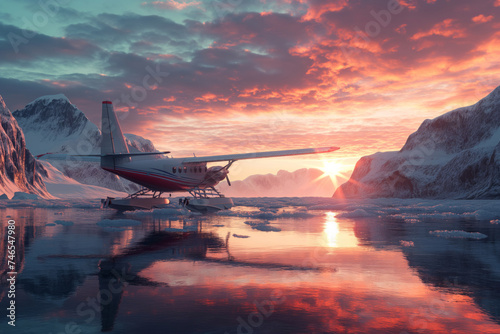 Scenic Alaska landscape with hydroplane airplane and ice glacier at sunset or sunrise