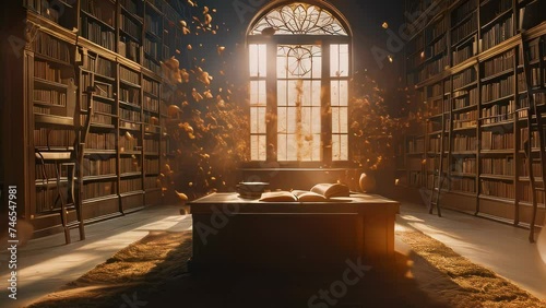 World Poetry Day Video animation of scene of a library with tall bookshelves filled with books, a large arched window allowing the golden sunlight to illuminate the room, casting beautiful highlights.