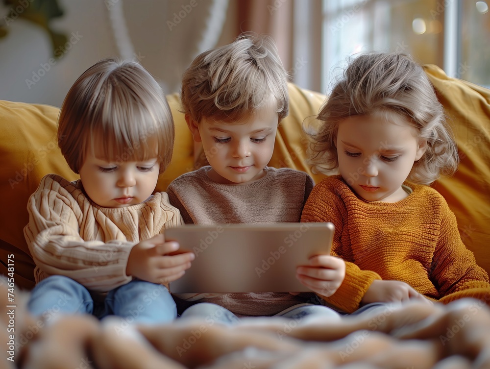 Three Children Engrossed in Technology on Couch Three Children Engrossed in Technology on Couch
