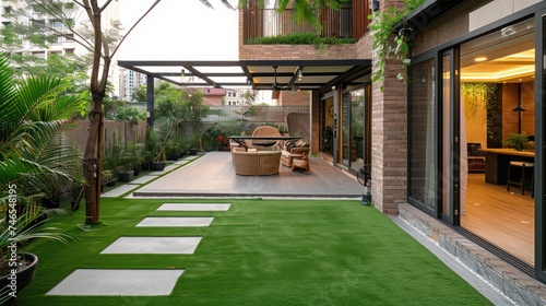 Exterior design featuring artificial turf as a lush green backdrop. © Andrey