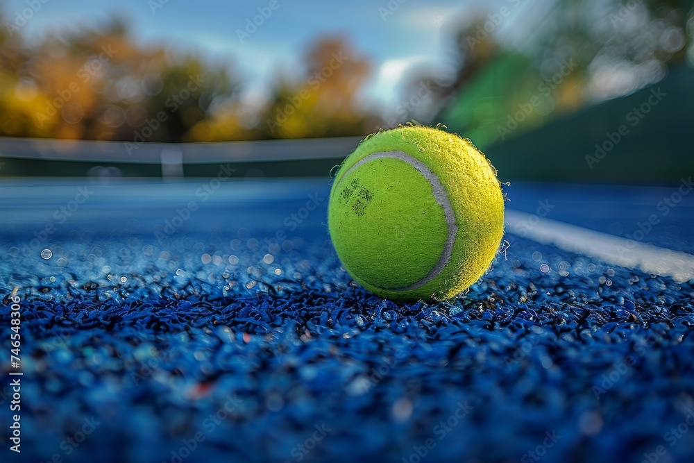 High-resolution image featuring a tennis ball on the court with the play of light creating long shadows