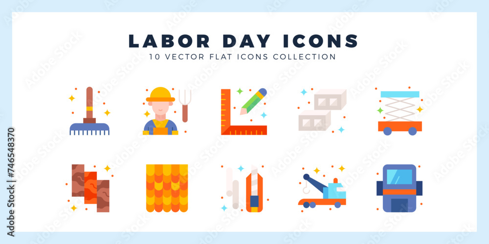 10 Labor Day Flat icon pack. vector illustration.