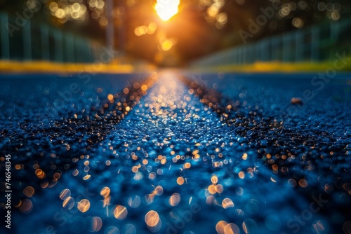 This picture showcases a close-up of a blue running track with a glistening surface lit by the warm glow of a sunset in the background