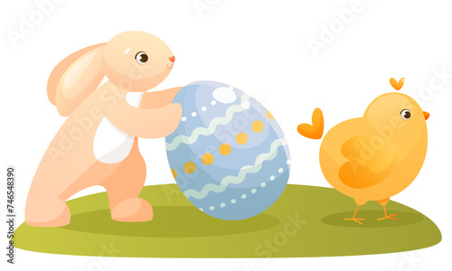 Easter bunny  chicken  and painted Easter egg. Cute pink bunny pushes easter egg forward  yellow chicken goes  egg hunt. Cute characters for Easter card or children s book