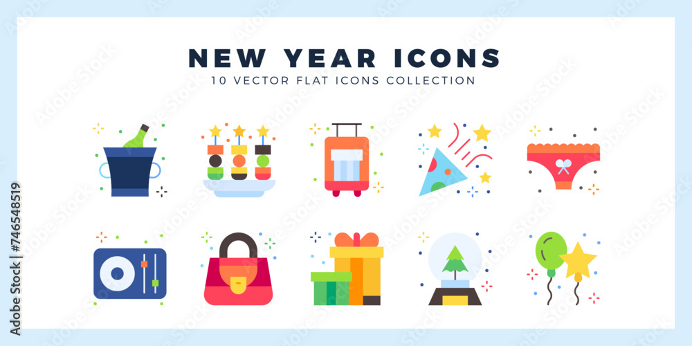 10 New Year Flat icon pack. vector illustration.