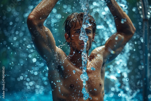 High-intensity image of a man emerging from pool water with droplets frozen in motion, symbolizing euphoria © svastix