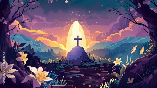 Illustrated Easter Sunrise Service with Cross.