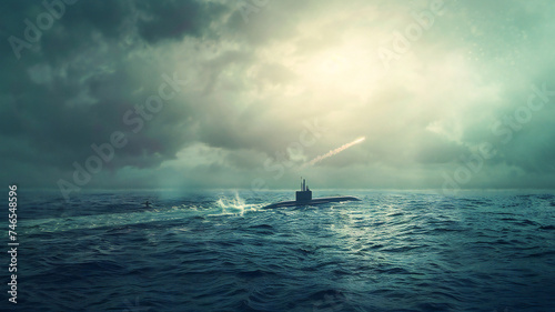 a military nuclear submarine floating on the surface of the ocean photo