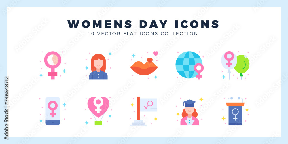 10 Women's Day Flat icon pack. vector illustration.