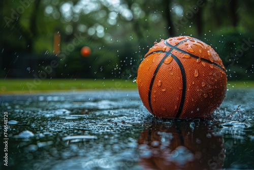 Vivid image of an orange basketball on a wet court, highlighting the impact of weather in sports © svastix