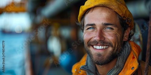 A happy Caucasian man in an industrial setting, focusing on safety and professionalism in his job.