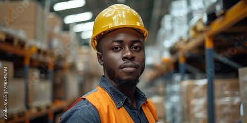 A confident black man in a warehouse wears a helmet, showcasing professionalism and expertise in the industrial sector. © Andrii Zastrozhnov