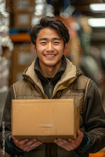 A young Asian deliveryman in uniform smiles while holding a package, providing efficient courier services. © Andrii Zastrozhnov