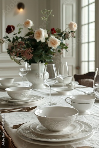 A beautifully arranged dining table with elegant white settings, featuring vintage decor and a romantic floral bouquet.