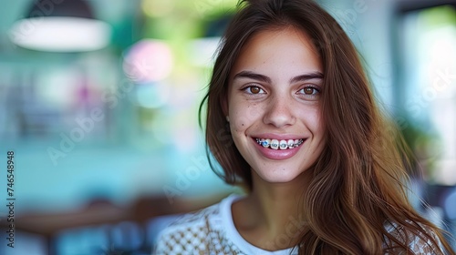 Radiant Smile: Woman with Braces Beams at Clinic