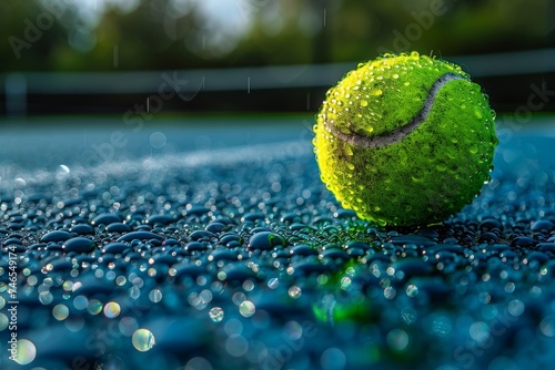 Macro shot of a fluorescent tennis ball on a blue court covered with glistening raindrops, conveying persistence and pause photo