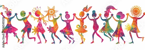 Joyful carnival farandole of happy dancing girls, stylized fantasy female silhouettes, women shape colorful garland, festive ladies chain parade on white background, beautiful original decoration