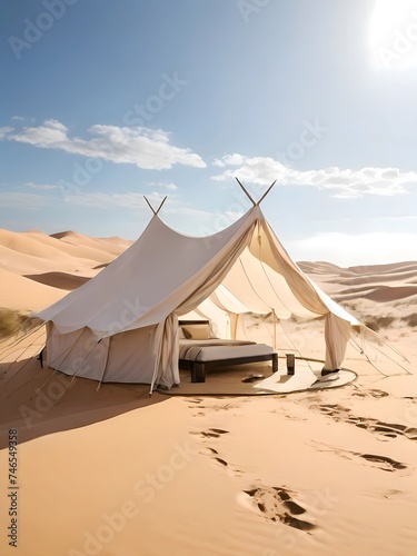 tent in the desert on sand under sun 