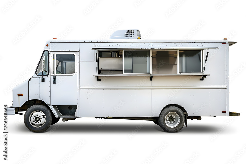 White food truck mock up Side view isolated white background White food truck mock up Side view isolated white background