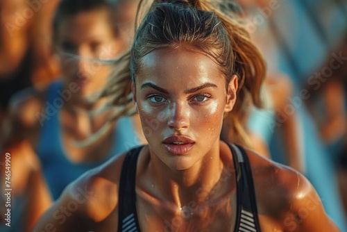 Close-up of focused woman running with blurred runners behind