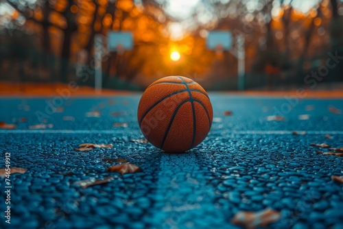 A still basketball on a textured blue court with the warmth of the sunset in the background © svastix