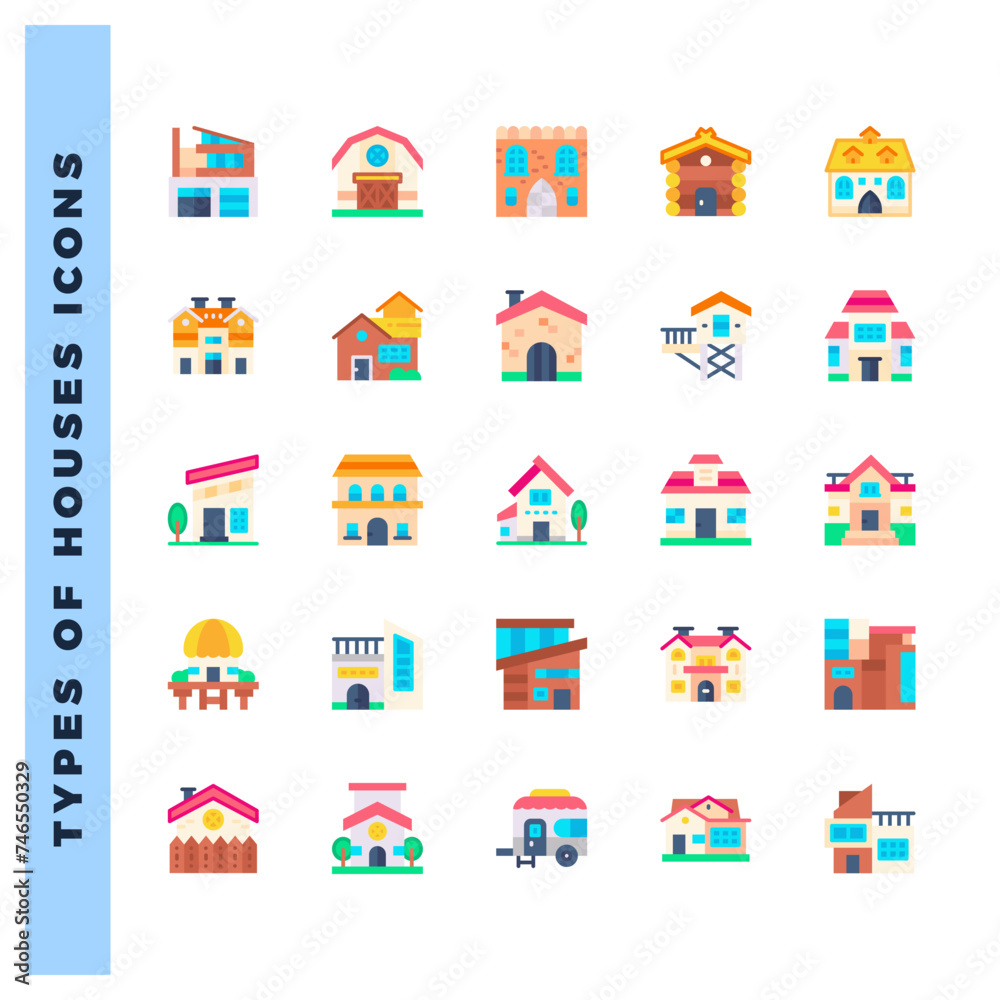 25 Types of Houses  Flat icons pack. vector illustration.