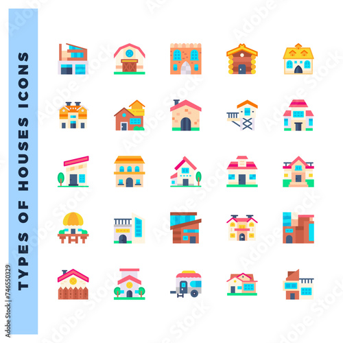 25 Types of Houses Flat icons pack. vector illustration.