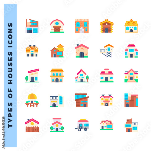 25 Types of Houses  Flat icons pack. vector illustration.