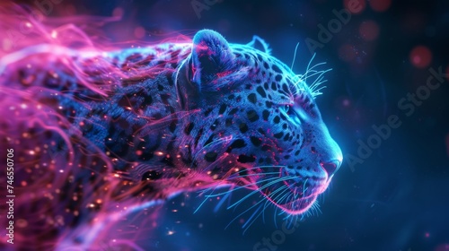 A nebula's ethereal glow meets the dark depths of a coral reef, where a panther's digital twin prowls, abstract art in motion